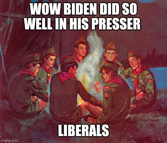 Liberals after Biden disaster | WOW BIDEN DID SO WELL IN HIS PRESSER; LIBERALS | image tagged in circle jerk | made w/ Imgflip meme maker
