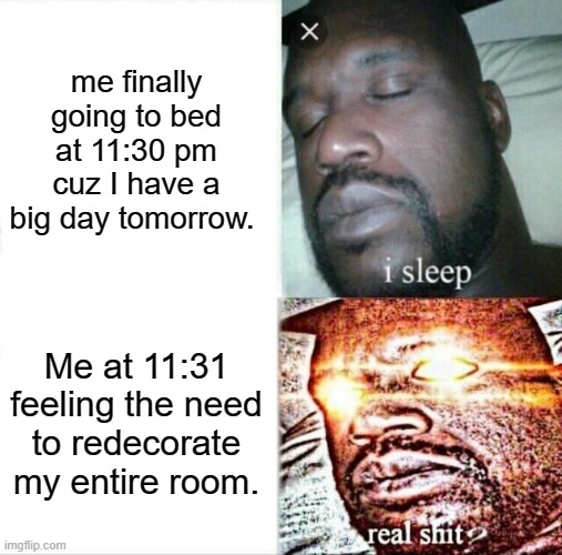 Sleeping Shaq Meme | me finally going to bed at 11:30 pm cuz I have a big day tomorrow. Me at 11:31 feeling the need to redecorate my entire room. | image tagged in memes,sleeping shaq,relatable | made w/ Imgflip meme maker