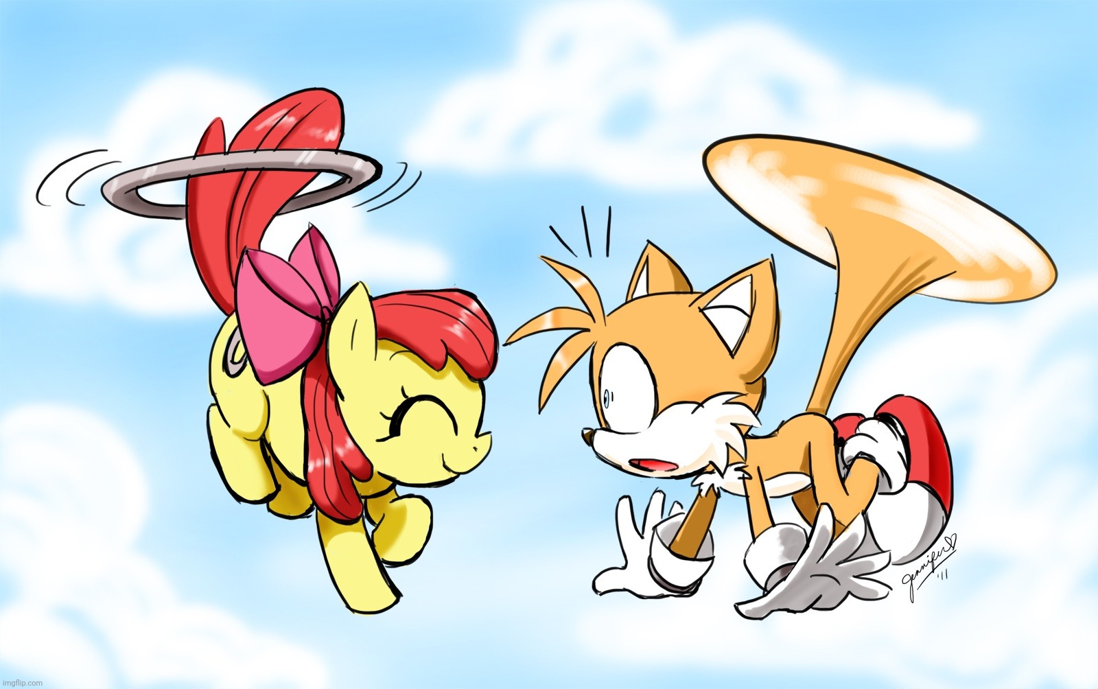 That crossover is masterpiece style! (Artist Link in comments) | image tagged in crossover,tails the fox,applebloom,my little pony,sonic the hedgehog | made w/ Imgflip meme maker