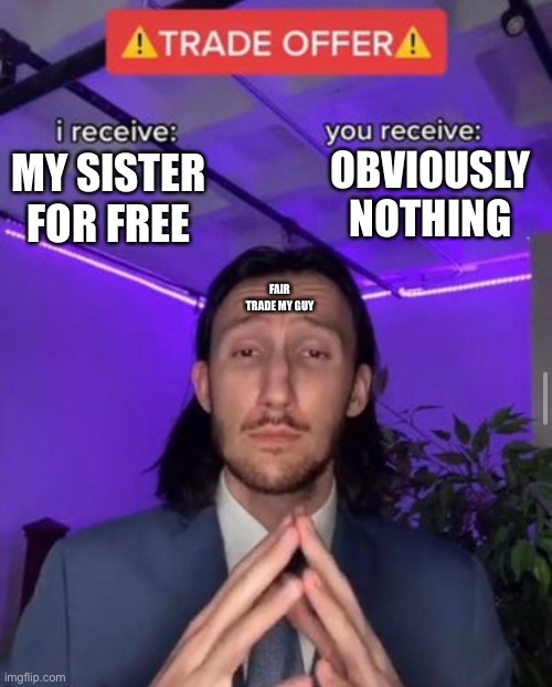 i receive you receive | OBVIOUSLY NOTHING; MY SISTER FOR FREE; FAIR TRADE MY GUY | image tagged in i receive you receive | made w/ Imgflip meme maker