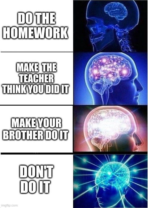 THOISE WHO NOW | DO THE HOMEWORK; MAKE  THE TEACHER THINK YOU DID IT; MAKE YOUR BROTHER DO IT; DON'T DO IT | image tagged in memes,expanding brain,homer simpson | made w/ Imgflip meme maker