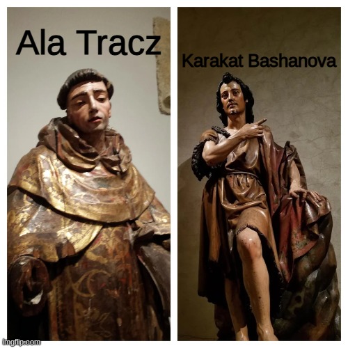 Ala Tracz bad Karakat Bashanova good | Karakat Bashanova; Ala Tracz | image tagged in virgin monk vs chad john the baptist,memes,junior,eurovision,poland,kazakhstan | made w/ Imgflip meme maker