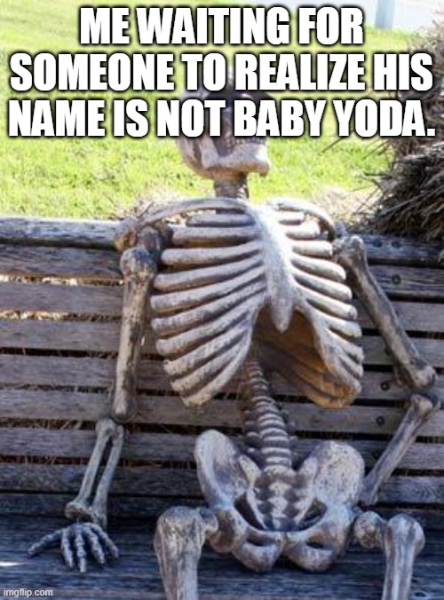 Waiting Skeleton Meme | ME WAITING FOR SOMEONE TO REALIZE HIS NAME IS NOT BABY YODA. | image tagged in memes,waiting skeleton | made w/ Imgflip meme maker