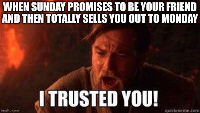 Why Sunday, why? What are they giving you? Whatever it is I'll double it, just don't hand me over to Monday! Please!! | WHEN SUNDAY PROMISES TO BE YOUR FRIEND AND THEN TOTALLY SELLS YOU OUT TO MONDAY | image tagged in i trusted you | made w/ Imgflip meme maker