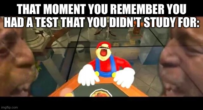 Crying Mario | THAT MOMENT YOU REMEMBER YOU HAD A TEST THAT YOU DIDN’T STUDY FOR: | image tagged in crying mario,smg4 | made w/ Imgflip meme maker
