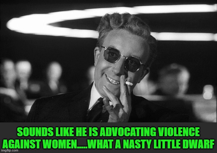 Doctor Strangelove says... | SOUNDS LIKE HE IS ADVOCATING VIOLENCE AGAINST WOMEN.....WHAT A NASTY LITTLE DWARF | image tagged in doctor strangelove says | made w/ Imgflip meme maker