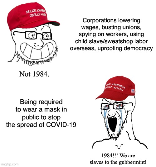 MAGA wojaks cope | Corporations lowering wages, busting unions, spying on workers, using child slave/sweatshop labor overseas, uprooting democracy; Not 1984. Being required to wear a mask in public to stop the spread of COVID-19; 1984!!! We are slaves to the gubbermint! | image tagged in maga wojaks cope,1984,orwellian,neoliberalism,anti-capitalist,covid-19 | made w/ Imgflip meme maker