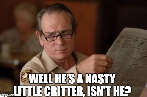 no country for old men tommy lee jones | WELL HE'S A NASTY LITTLE CRITTER, ISN'T HE? | image tagged in no country for old men tommy lee jones | made w/ Imgflip meme maker