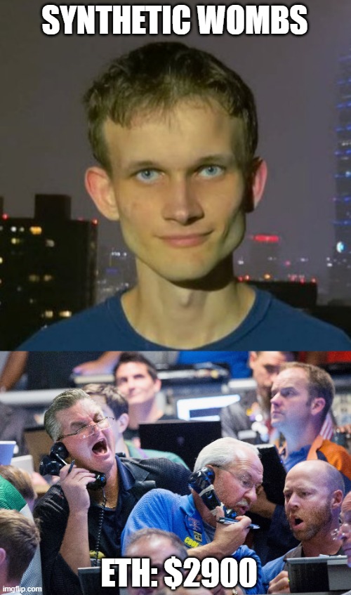 Vitalik Synthetic Wombs to the Rescue | SYNTHETIC WOMBS; ETH: $2900 | image tagged in upset stock market traders,ethereum,crypto,cryptocurrency | made w/ Imgflip meme maker
