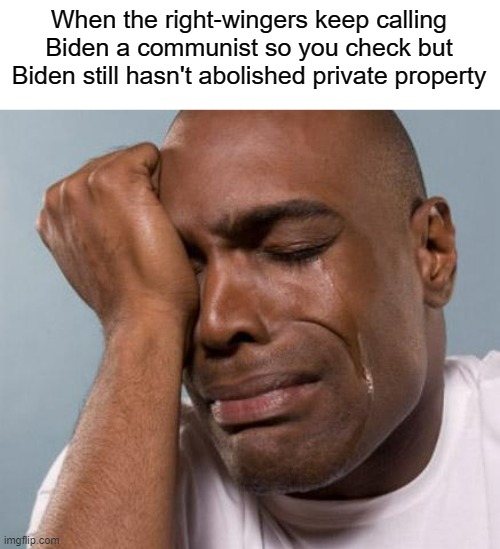 Joe Biden is an anti-communist liberal. | When the right-wingers keep calling Biden a communist so you check but Biden still hasn't abolished private property | image tagged in black man crying,communism,joe biden,biden,private property,conservative logic | made w/ Imgflip meme maker