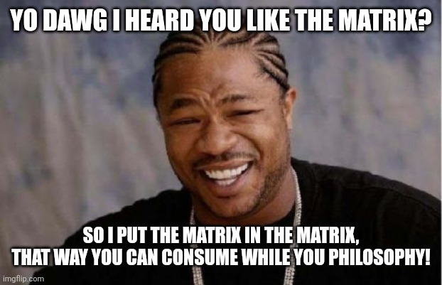 Yo Dawg Heard You Meme | YO DAWG I HEARD YOU LIKE THE MATRIX? SO I PUT THE MATRIX IN THE MATRIX, THAT WAY YOU CAN CONSUME WHILE YOU PHILOSOPHY! | image tagged in memes,yo dawg heard you | made w/ Imgflip meme maker