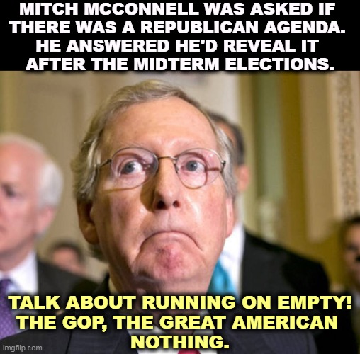 No presidential platform, no legislative agenda. GOP, the Hollow Party.. | MITCH MCCONNELL WAS ASKED IF 
THERE WAS A REPUBLICAN AGENDA. 
HE ANSWERED HE'D REVEAL IT 
AFTER THE MIDTERM ELECTIONS. TALK ABOUT RUNNING ON EMPTY!
THE GOP, THE GREAT AMERICAN 
NOTHING. | image tagged in mitch mcconnell,republican party,empty,ideas,political,vacuum | made w/ Imgflip meme maker