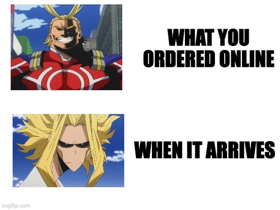 Online shopping in a nutshell | WHAT YOU ORDERED ONLINE; WHEN IT ARRIVES | image tagged in blank white template,all might,my hero academia | made w/ Imgflip meme maker