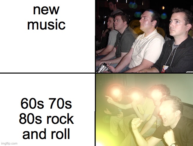 rolling stones fan here | new music; 60s 70s 80s rock and roll | image tagged in excited guys | made w/ Imgflip meme maker