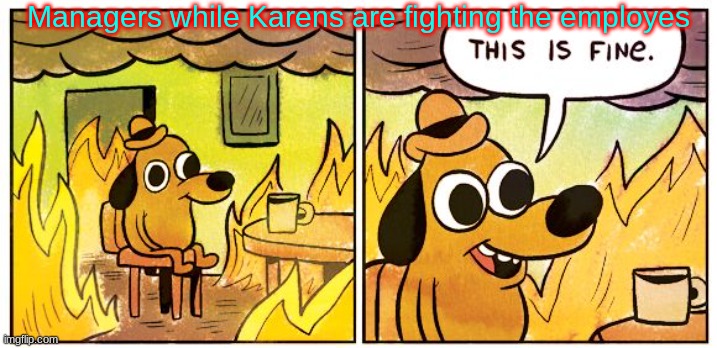 This Is Fine Meme | Managers while Karens are fighting the employes | image tagged in memes,this is fine | made w/ Imgflip meme maker