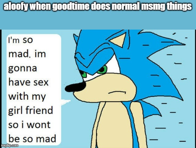 Sonic is so mad, I wonder what he'll do so he won't be so mad? | aloofy when goodtime does normal msmg things | image tagged in sonic is so mad i wonder what he'll do so he won't be so mad | made w/ Imgflip meme maker