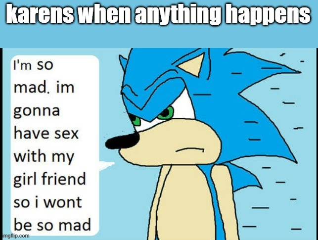 Sonic is so mad, I wonder what he'll do so he won't be so mad? | karens when anything happens | image tagged in sonic is so mad i wonder what he'll do so he won't be so mad | made w/ Imgflip meme maker