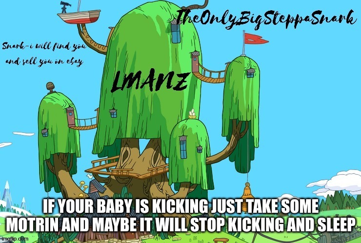 quick lil hack | IF YOUR BABY IS KICKING JUST TAKE SOME MOTRIN AND MAYBE IT WILL STOP KICKING AND SLEEP | image tagged in snark template | made w/ Imgflip meme maker
