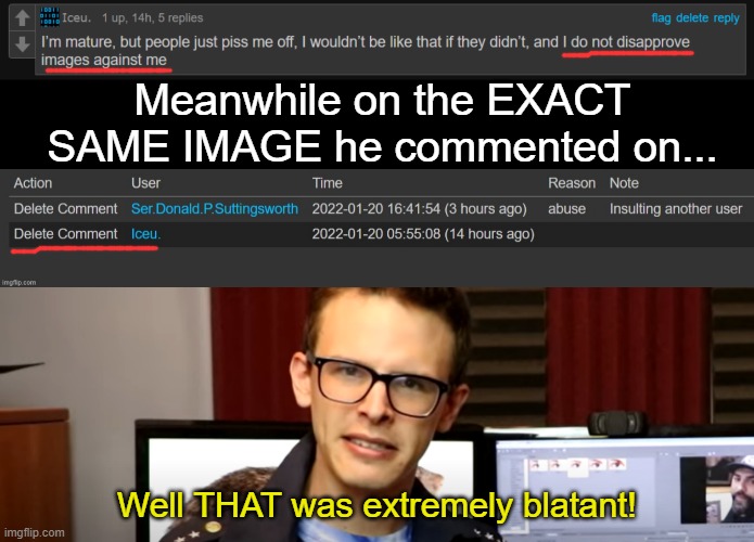 ICEU BLATANTLY LIES |  Meanwhile on the EXACT SAME IMAGE he commented on... Well THAT was extremely blatant! | image tagged in blank black | made w/ Imgflip meme maker