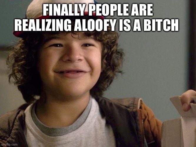 Dustin lmao | FINALLY PEOPLE ARE REALIZING ALOOFY IS A BITCH | image tagged in dustin lmao | made w/ Imgflip meme maker