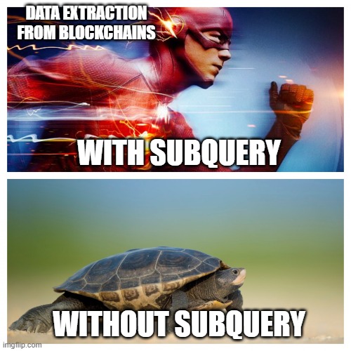 Fast vs. Slow | DATA EXTRACTION FROM BLOCKCHAINS; WITH SUBQUERY; WITHOUT SUBQUERY | image tagged in fast vs slow | made w/ Imgflip meme maker
