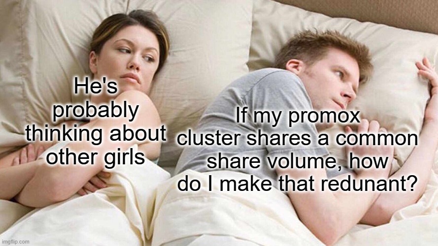I Bet He's Thinking About Other Women Meme | If my promox cluster shares a common share volume, how do I make that redunant? He's probably thinking about other girls | image tagged in memes,i bet he's thinking about other women,Proxmox | made w/ Imgflip meme maker