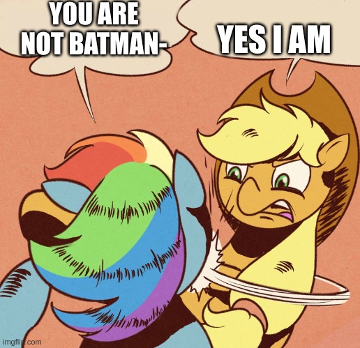 Applejack Is Batman | YOU ARE NOT BATMAN-; YES I AM | image tagged in apple jack slapping rainbow dash,slapping,memes,funny memes,applejack,mlp | made w/ Imgflip meme maker