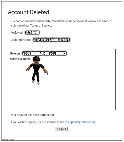 banned from ROBLOX | 10/560/67; STOP BEING SUCH A SLENDER; YOUR BANNED FOR 200 HOURS | image tagged in banned from roblox | made w/ Imgflip meme maker
