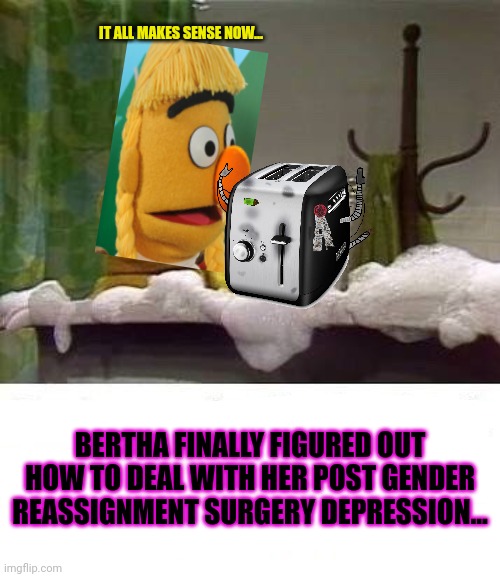 Everything in life has been leading to this moment | IT ALL MAKES SENSE NOW... BERTHA FINALLY FIGURED OUT HOW TO DEAL WITH HER POST GENDER REASSIGNMENT SURGERY DEPRESSION... | image tagged in bert,sesame street,bertha,commit toaster bath,gender reassignment surgery | made w/ Imgflip meme maker