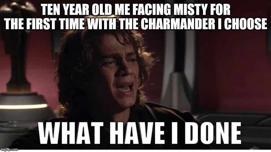 Anakin what have i done | TEN YEAR OLD ME FACING MISTY FOR THE FIRST TIME WITH THE CHARMANDER I CHOOSE | image tagged in anakin what have i done | made w/ Imgflip meme maker