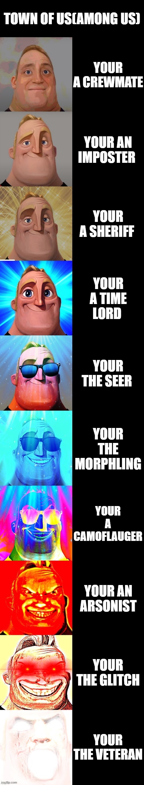 Town Of Us mod be like... | TOWN OF US(AMONG US); YOUR A CREWMATE; YOUR AN IMPOSTER; YOUR A SHERIFF; YOUR A TIME LORD; YOUR THE SEER; YOUR THE MORPHLING; YOUR A CAMOFLAUGER; YOUR AN ARSONIST; YOUR THE GLITCH; YOUR THE VETERAN | image tagged in mr incredible becoming canny | made w/ Imgflip meme maker