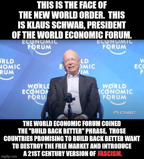 1st The Great Reset. 2nd Build Back Better.  3rd International fascism. | THIS IS THE FACE OF THE NEW WORLD ORDER.  THIS IS KLAUS SCHWAB, PRESIDENT OF THE WORLD ECONOMIC FORUM. THE WORLD ECONOMIC FORUM COINED THE "BUILD BACK BETTER" PHRASE.  THOSE COUNTRIES PROMISING TO BUILD BACK BETTER WANT TO DESTROY THE FREE MARKET AND INTRODUCE A 21ST CENTURY VERSION OF; FASCISM. | image tagged in klaus schwab,freedoms enemy,build back better,destruction of capitalism,international fascism | made w/ Imgflip meme maker