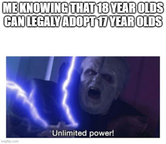 unlimited power |  ME KNOWING THAT 18 YEAR OLDS CAN LEGALY ADOPT 17 YEAR OLDS | image tagged in unlimited power | made w/ Imgflip meme maker
