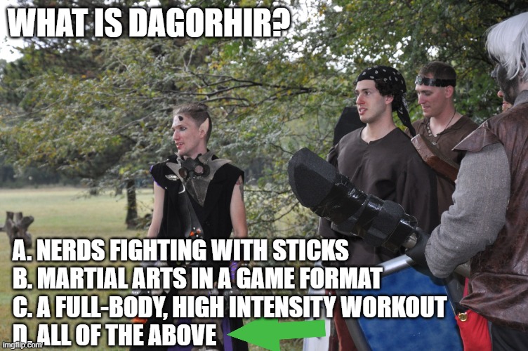 Seriously LARP | WHAT IS DAGORHIR? A. NERDS FIGHTING WITH STICKS
B. MARTIAL ARTS IN A GAME FORMAT
C. A FULL-BODY, HIGH INTENSITY WORKOUT
D. ALL OF THE ABOVE | image tagged in seriously larp | made w/ Imgflip meme maker
