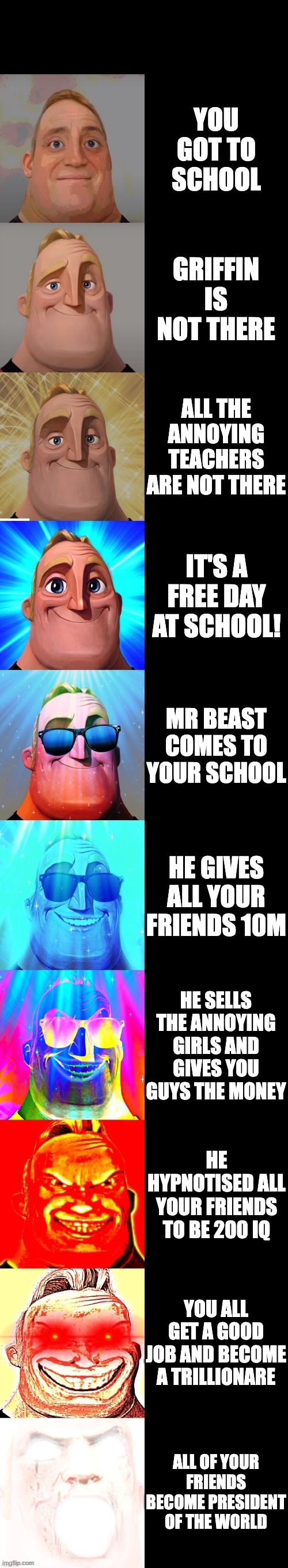 mr incredible becoming canny | YOU GOT TO SCHOOL; GRIFFIN IS NOT THERE; ALL THE ANNOYING TEACHERS ARE NOT THERE; IT'S A FREE DAY AT SCHOOL! MR BEAST COMES TO YOUR SCHOOL; HE GIVES ALL YOUR FRIENDS 10M; HE SELLS THE ANNOYING GIRLS AND GIVES YOU GUYS THE MONEY; HE HYPNOTISED ALL YOUR FRIENDS TO BE 200 IQ; YOU ALL GET A GOOD JOB AND BECOME A TRILLIONARE; ALL OF YOUR FRIENDS BECOME PRESIDENT OF THE WORLD | image tagged in mr incredible becoming canny | made w/ Imgflip meme maker