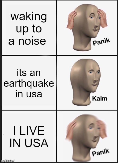 bruh |  waking up to a noise; its an earthquake in usa; I LIVE IN USA | image tagged in memes,panik kalm panik,funny,sad,nice | made w/ Imgflip meme maker