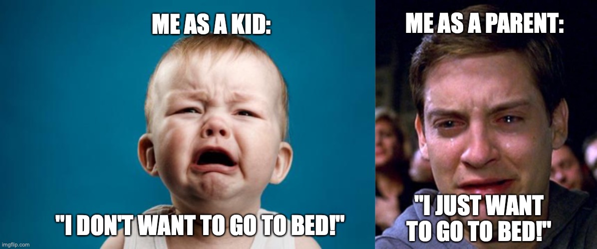 Bedtime | ME AS A PARENT:; ME AS A KID:; "I DON'T WANT TO GO TO BED!"; "I JUST WANT TO GO TO BED!" | image tagged in baby crying | made w/ Imgflip meme maker
