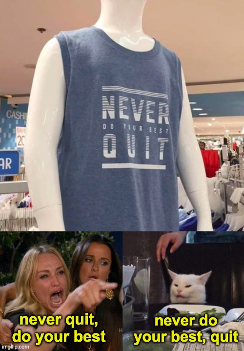 A pat on the back to the designer | never quit, do your best; never do your best, quit | image tagged in memes,woman yelling at cat,unfunny | made w/ Imgflip meme maker