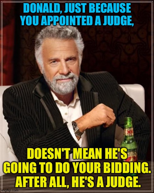 The Most Interesting Man In The World Meme | DONALD, JUST BECAUSE YOU APPOINTED A JUDGE, DOESN'T MEAN HE'S GOING TO DO YOUR BIDDING.  AFTER ALL, HE'S A JUDGE. | image tagged in memes,the most interesting man in the world | made w/ Imgflip meme maker