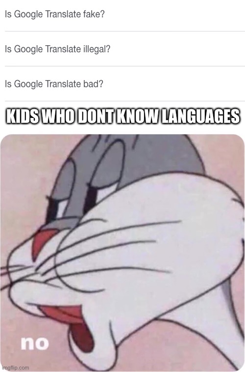 No | KIDS WHO DONT KNOW LANGUAGES | image tagged in bugs bunny no,funny memes | made w/ Imgflip meme maker