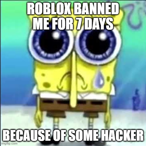 Sad Spongebob | ROBLOX BANNED ME FOR 7 DAYS; BECAUSE OF SOME HACKER | image tagged in sad spongebob | made w/ Imgflip meme maker