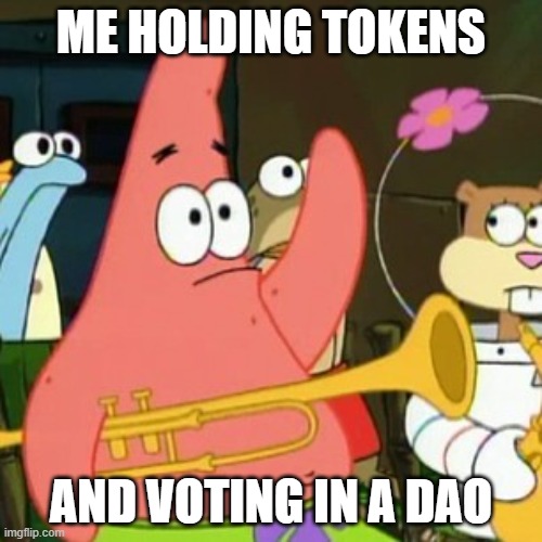 DAO | ME HOLDING TOKENS; AND VOTING IN A DAO | image tagged in memes,no patrick | made w/ Imgflip meme maker
