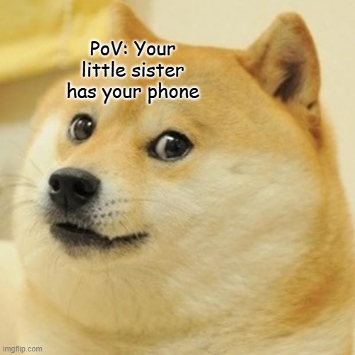 Doge Meme | PoV: Your little sister has your phone | image tagged in memes,doge | made w/ Imgflip meme maker