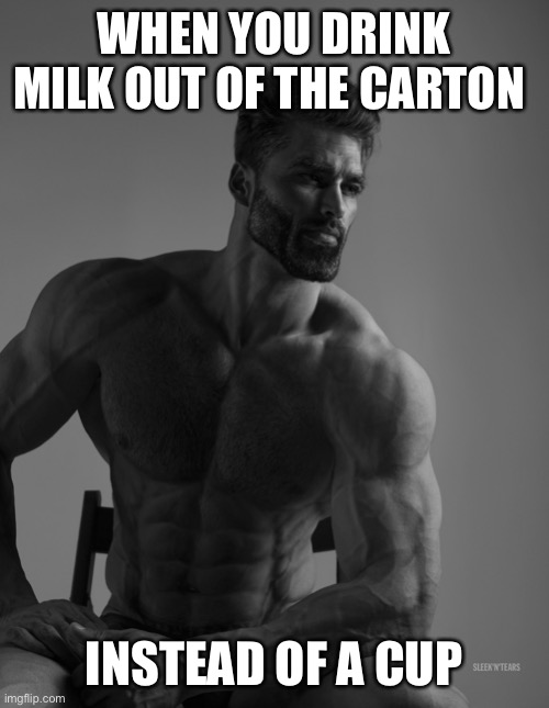 Makes you feel like a man | WHEN YOU DRINK MILK OUT OF THE CARTON; INSTEAD OF A CUP | image tagged in giga chad | made w/ Imgflip meme maker
