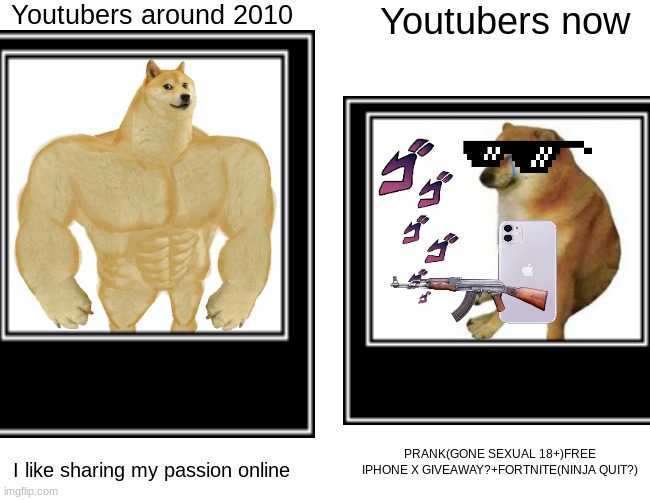 Youtubers around 2010; Youtubers now; PRANK(GONE SEXUAL 18+)FREE IPHONE X GIVEAWAY?+FORTNITE(NINJA QUIT?); I like sharing my passion online | image tagged in then vs now youtubers | made w/ Imgflip meme maker