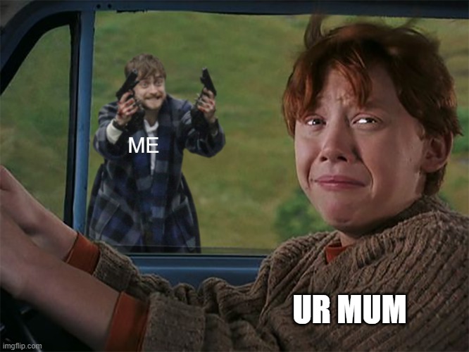 run | ME; UR MUM | image tagged in harry with guns scared ron | made w/ Imgflip meme maker