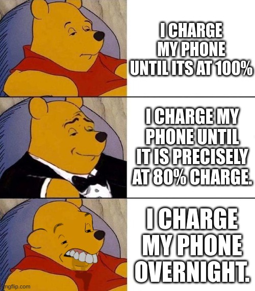 Phone Charging's Unspoken rule | I CHARGE MY PHONE UNTIL ITS AT 100%; I CHARGE MY PHONE UNTIL IT IS PRECISELY AT 80% CHARGE. I CHARGE MY PHONE OVERNIGHT. | image tagged in best better blurst | made w/ Imgflip meme maker