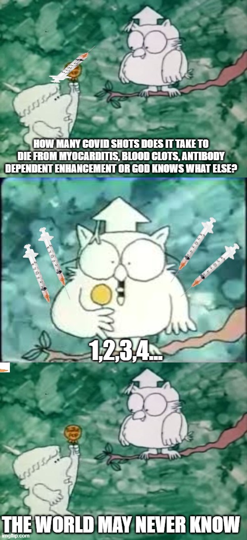 Vaccine Owl |  HOW MANY COVID SHOTS DOES IT TAKE TO DIE FROM MYOCARDITIS, BLOOD CLOTS, ANTIBODY DEPENDENT ENHANCEMENT OR GOD KNOWS WHAT ELSE? 1,2,3,4... THE WORLD MAY NEVER KNOW | image tagged in how many licks,tootsie pop owl,covid19,covid vaccine,vaccines | made w/ Imgflip meme maker