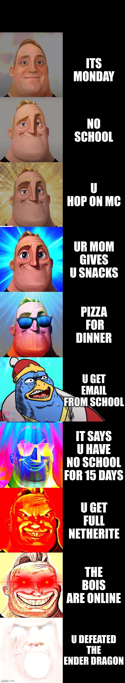 mr incredible becoming canny | ITS MONDAY; NO SCHOOL; U HOP ON MC; UR MOM GIVES U SNACKS; PIZZA  FOR DINNER; U GET EMAIL FROM SCHOOL; IT SAYS U HAVE NO SCHOOL FOR 15 DAYS; U GET FULL NETHERITE; THE BOIS ARE ONLINE; U DEFEATED THE ENDER DRAGON | image tagged in mr incredible becoming canny | made w/ Imgflip meme maker