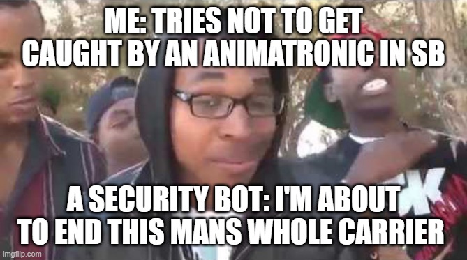fnaf sb | ME: TRIES NOT TO GET CAUGHT BY AN ANIMATRONIC IN SB; A SECURITY BOT: I'M ABOUT TO END THIS MANS WHOLE CARRIER | image tagged in i'm about to end this man's whole career | made w/ Imgflip meme maker